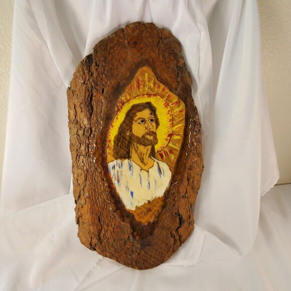 Vintage 1982 Jesus Christ Painting On Black Hills Pine Bark Wall Art 18.5" x 10" - Picture 4 of 12